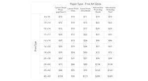 Pricing guide for general sizes of available fine art gloss papers